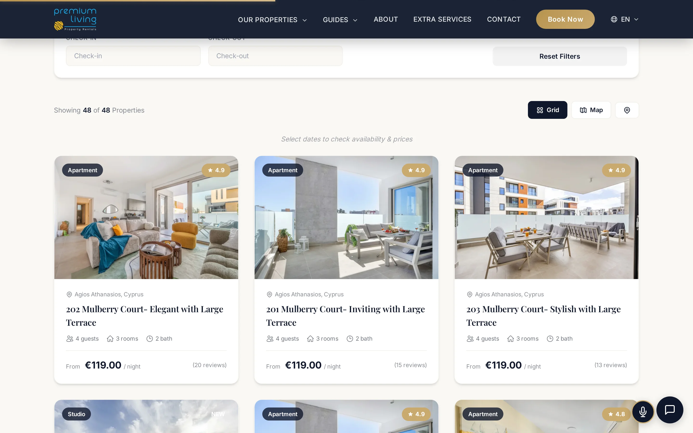 Property cards showing photos, ratings, pricing, and guest capacity