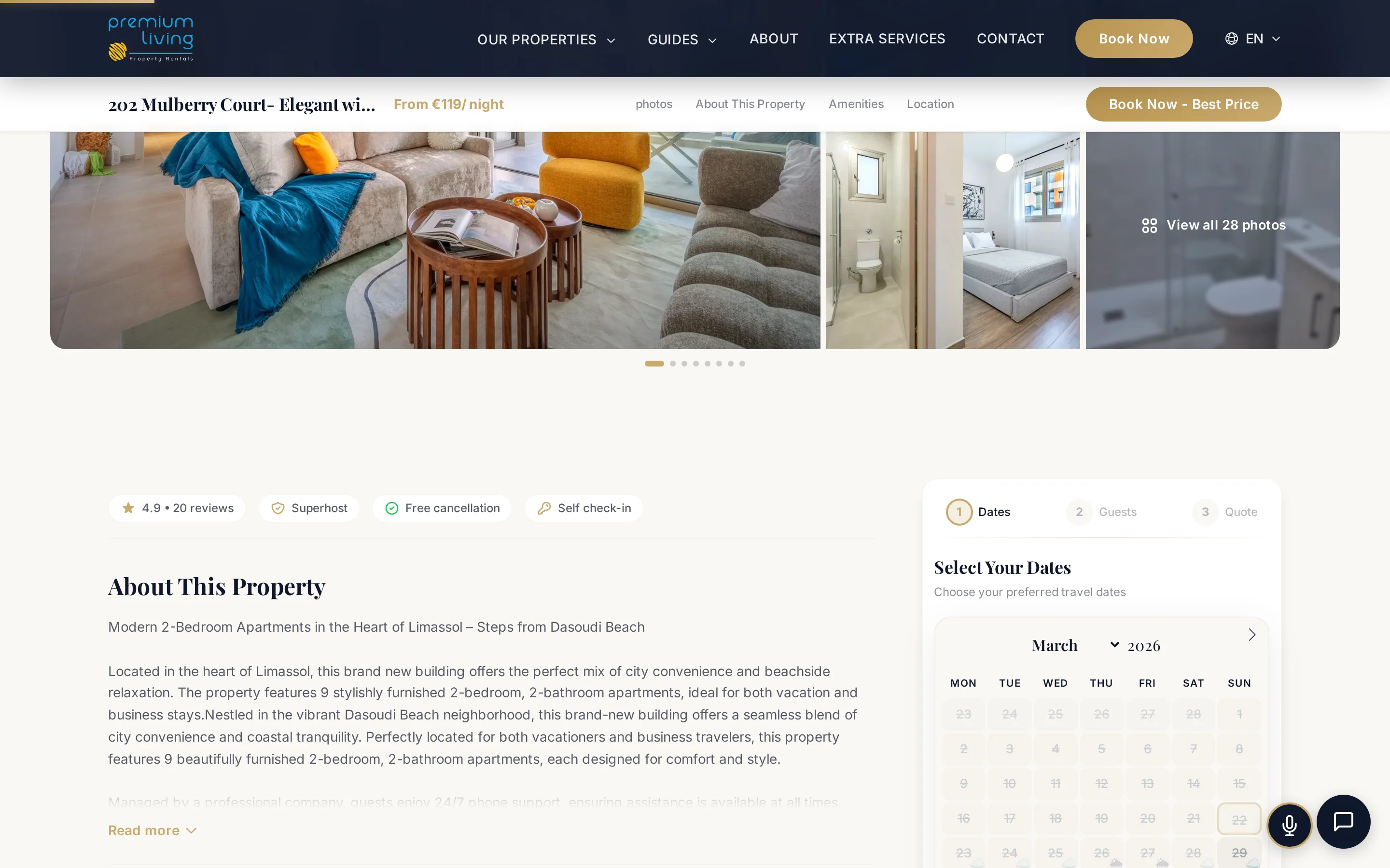Property listing page with photo gallery and real-time booking calendar