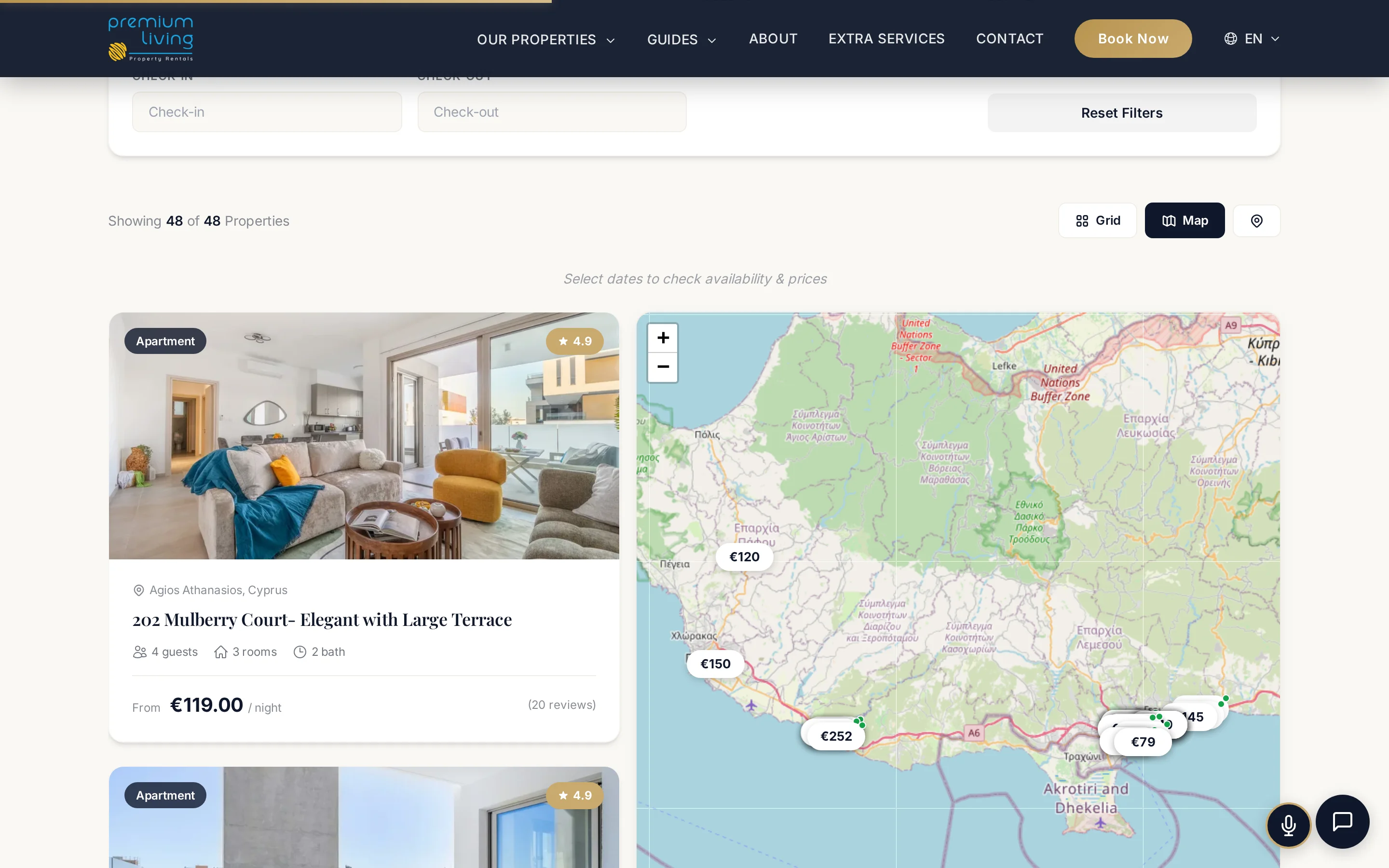 Property listings with interactive map and search filters