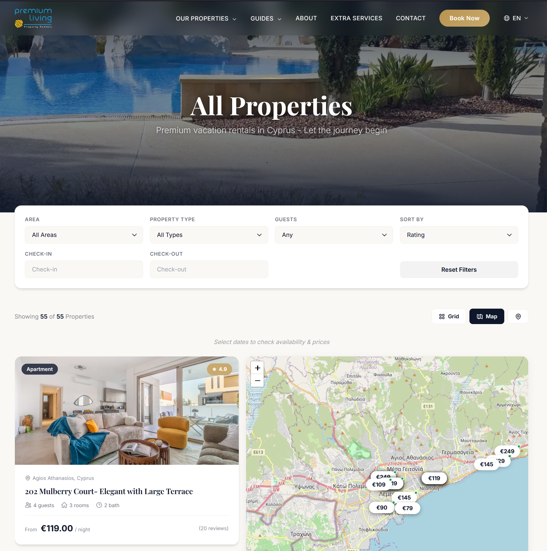 Premium Living property listing page with search filters, interactive map, and vacation rentals in Cyprus