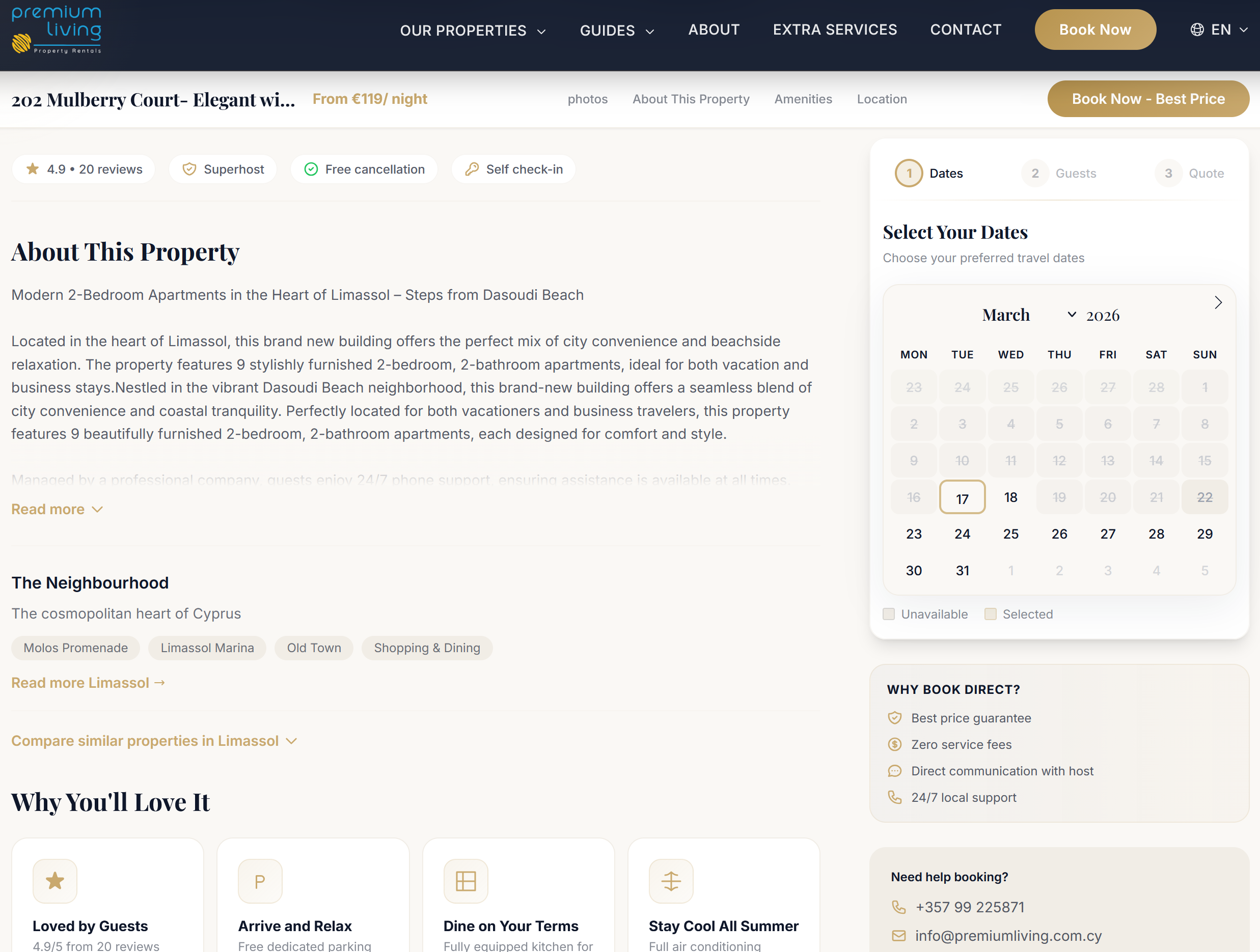 Property detail page with direct booking calendar and Why Book Direct benefits